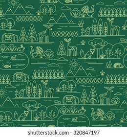 Vector seamless pattern with forest flora and fauna. Trendy graphic style.