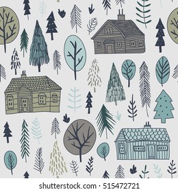 vector seamless pattern with forest and houses