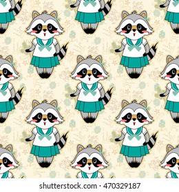 Vector seamless pattern. Forest, mori-girl style illustration, lucky raccoon, herbs, mushrooms, grass, branch and leaves, flowers background. Sweet green, blue, beige, black, yellow and white colors