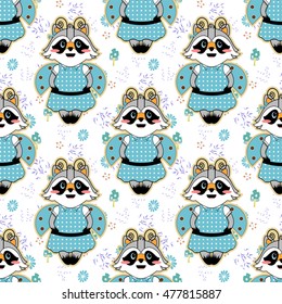 Vector seamless pattern. Forest, mori-girl style illustration, lucky raccoon, herbs, mushrooms, grass, branch and leaves, flowers background. Light green, blue, beige, black, yellow and white colors