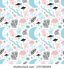 Vector seamless pattern with forest mushrooms, moths, stars, month in doodle style. Vintage mystical background with forest elements.