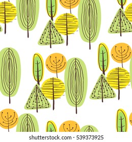 Vector seamless pattern of forest on white background. Isolated pattern. Sketch style.