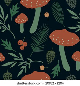Vector seamless pattern with forest plants and mushrooms