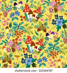 Vector seamless pattern of forest plants and mushrooms.Endless background.  Use for wallpaper,pattern fills, web page background.