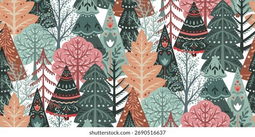 Vector seamless pattern with forest trees, folk ornaments, decorations. Vector endless background of winter Christmas symbols in modern graphic style.