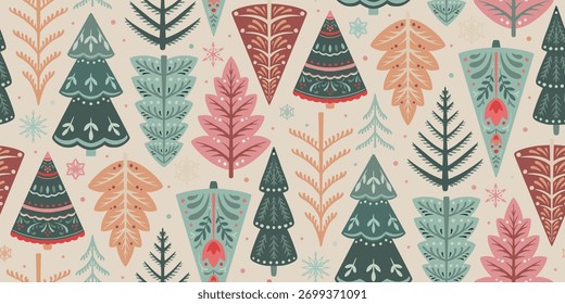 Vetor padrão sem emenda com árvores de floresta, ornamentos folclóricos, decorações. Vetor fundo infinito de símbolos de Natal de inverno no estilo gráfico moderno.