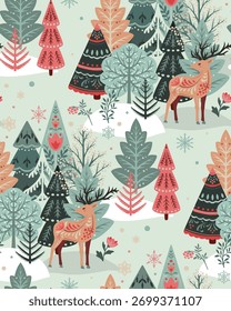 Vector seamless pattern with forest trees, deer, folk ornaments, decorations. Vector endless background of winter Christmas symbols in modern graphic style.