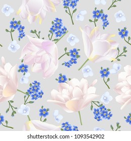 Vector seamless pattern with forget me not, tulips and violets flowers. Modern floral pattern for textile, wallpaper, print, gift wrap, greeting or wedding background. Spring or summer design.