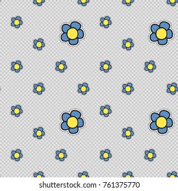 Vector seamless pattern with forget-me-not flower. Hand drawn cute and funny fashion illustration patches or stickers kit. Modern doodle pop art sketch badges and pins