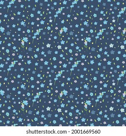 Vector seamless pattern with forget-me-not flowers on the dark background. Cute pattern with blue flowers. Gardening. Hand drawn flat illustration.