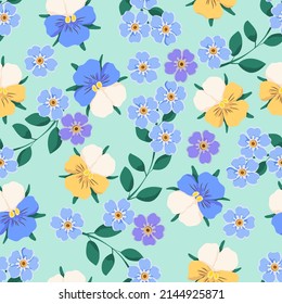 Vector seamless pattern with forget-me-nots bloom with small blue buds with a yellow core, Field violet. Illustration for background, postcard, fabric.