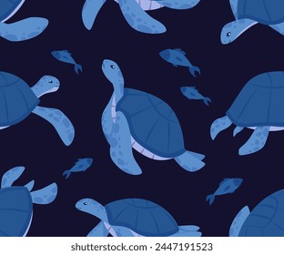 Vector seamless pattern in the form of blue-hued turtles floating in the depths surrounded by fish. Underwater scene with floating reptiles, great for fabric, wallpaper or packaging.