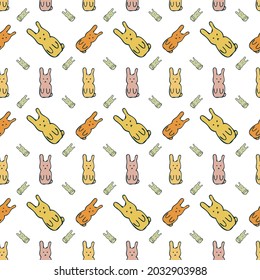 Vector Seamless Pattern in the form of cute rabbits on a white background, hares of different colors for children, vector design for fabric