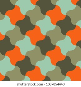 Vector seamless pattern in the form of a large number of a shuriken star mixed by vintage colors - blue, orange, green. Retro style