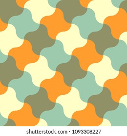 Vector seamless pattern in the form of a large number of a shuriken star mixed by vintage colors - gold, orange, blue. Retro style.
