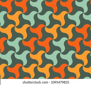 Vector seamless pattern in the form of a large number of a shuriken star in orange, red, blue colours.