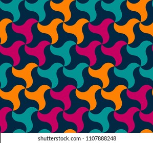Vector seamless pattern in the form of a large number of a shuriken star in orange, blue and pink colours. Retro style. Vinrage colors.