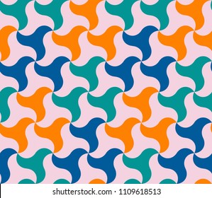 Vector seamless pattern in the form of a large number of a shuriken star in orange, blue, green and gyay colours. Retro style. Vinrage colors.