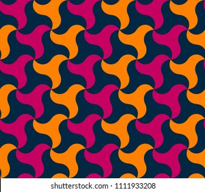 Vector seamless pattern in the form of a large number of a shuriken star in orange, pink and blake colours. Retro style. Vinrage colors.