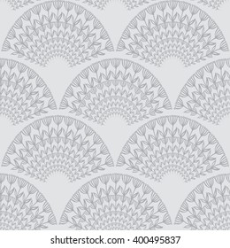 Vector seamless pattern in form of peacock tile. Seamless pattern with exotic ink flowers in regular fan ornament. 