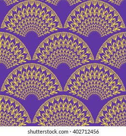 Vector seamless pattern in form of peacock tile. Seamless pattern with exotic ink flowers in regular fan ornament. 