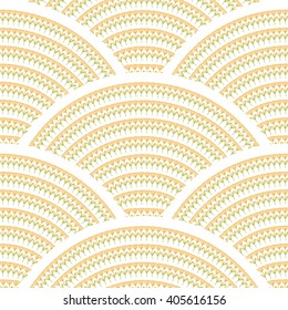 Vector seamless pattern in form of peacock tile. Seamless pattern with exotic ink flowers in regular fan ornament. Arch shaped seamless pattern.