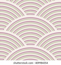 Vector seamless pattern in form of peacock tile. Seamless pattern with exotic ink flowers in regular fan ornament. Arch shaped seamless pattern.