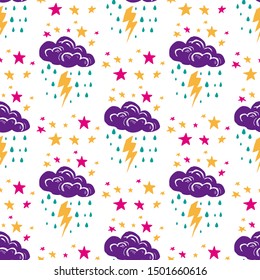 Vector seamless pattern in the form of thunderstorms. Seamless pattern with storm cloud, lightning, raindrops and stars. Bright and modern design. Decorative illustration, good for printing. 