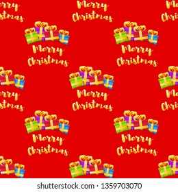 Vector seamless pattern with four different gift boxes and golden text Merry Christmas on red background.