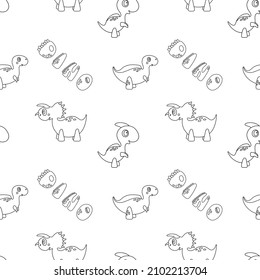 Vector seamless pattern with four different dinosaurs and lettering “Dino”. Cute children’s characters. Graphic illustration for colouring page, print, wallpaper, fabric, textile, stationery.