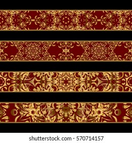 Vector seamless pattern. Four horizontal elements for old book. Golden and red ornaments on a black background for leather covers or book spines.