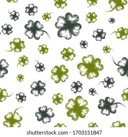 Vector seamless pattern with four leaf clover on a white background. Shaded artwork with imitation of ink or gel pen. Picture for design packaging, backgrounds, textiles or holiday products.