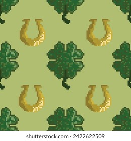 Vector seamless pattern with four leaf clovers and horseshoes. St Patrick Day ornament. Pixel art