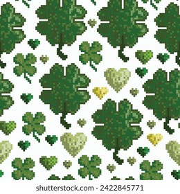 Vector seamless pattern of four leaf clover and hearts. Green on white. Pixel art