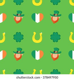Vector seamless pattern with Four-leaf clover, golden horseshoe, heart shaped flag of Ireland and Leprechaun.