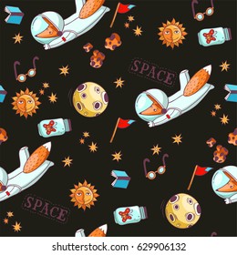 Vector seamless pattern with fox astronaut, moon, sun, asteroids and stars. Hand drawn texture with colorful isolated space objects. Dark background with cute cartoon character
