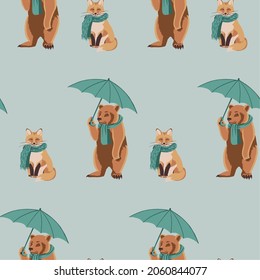 Vector seamless pattern of fox and bear in scarves. Autumn animals	