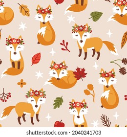 Vector seamless pattern with fox and falling leaves. Repeated texture with woodland animals. Cute print for kids fabric and wrapping paper. Autumnal background with forest animals.