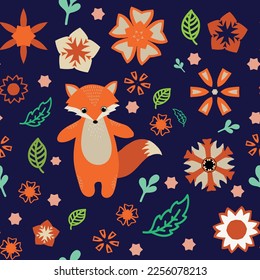 Vector seamless pattern with fox and flowers.
