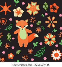 Vector seamless pattern with fox and flowers.