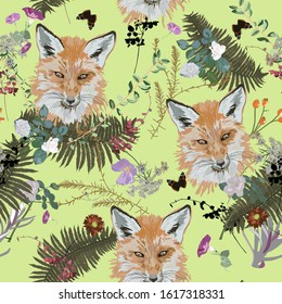 Vector seamless pattern with fox head, leaves, flowers, butterflies.