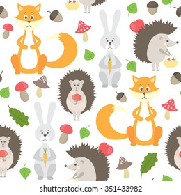 vector seamless pattern with  fox, hedgehog, hare, mushrooms, leaves and acorns