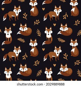 Vector seamless pattern with fox and leaves. Repeated texture with woodland animals and branches. Cute print for kids fabric and wrapping paper. Forest background with animals. Dark background.