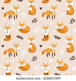 Vector Seamless Pattern With Fox And Leaves. Repeated Texture With Woodland Animals And Branches. Cute Print For Kids Fabric And Wrapping Paper. Autumnal Background With Animals. Fall Season
