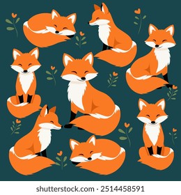 Vector seamless pattern with fox and leaves. Repeated texture with woodland animals and branches. Cute print for kids fabric and wrapping paper. Autumnal background with animals. Fall season