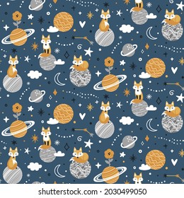 Vector seamless pattern with fox, planets and stars. Repeated texture with animals and space elements. Cute print for kids fabric and wrapping paper. Bedtime story. Childish background with night sky