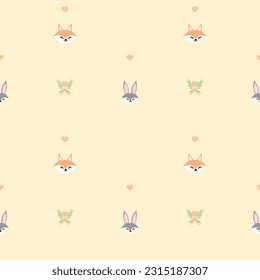 Vector seamless pattern with fox and rabbit. Cute fox and bunny in cartoon style. Botanical fabric design. Hand drawn design for textiles, clothing, bed linen, office supplies.