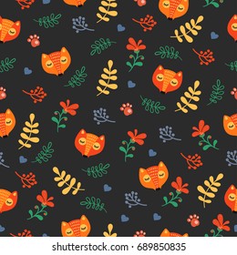 Vector seamless pattern with foxes. Animals, leaves, forest plants, black background. Cute print for children, clothes, office, packing paper.