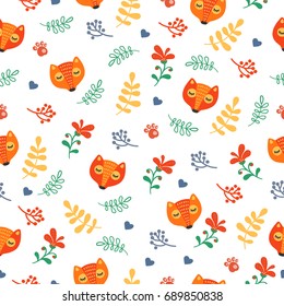 Vector seamless pattern with foxes. Animals, leaves, forest plants, light background. Cute print for children, clothes, office, packing paper.