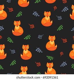 Vector seamless pattern with foxes. Baby cute illustration, background with animals, forest, print for fabric, clothes, notebook